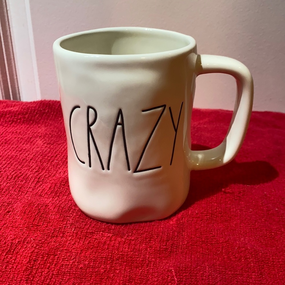 Rae Dunn mug with “Crazy” text
